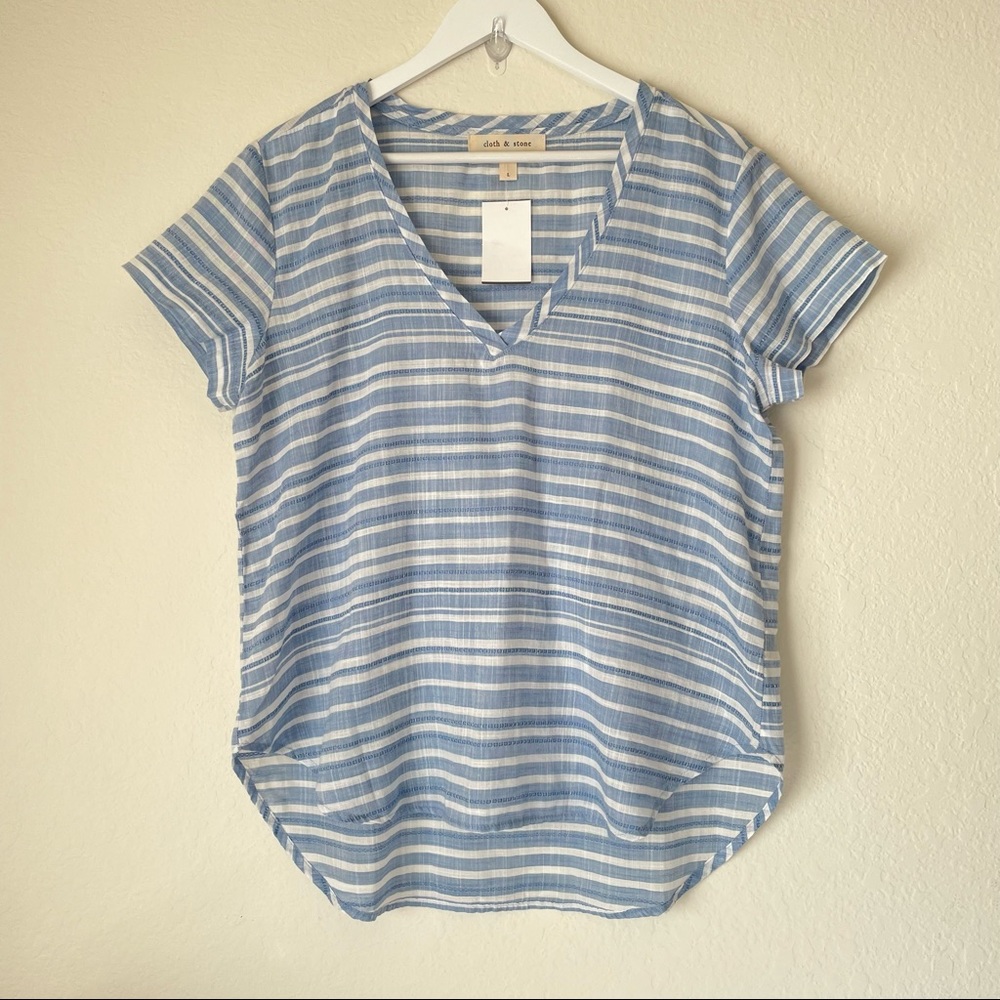 cloth & stone Blue and White Striped V-Neck Short Sleeve Top